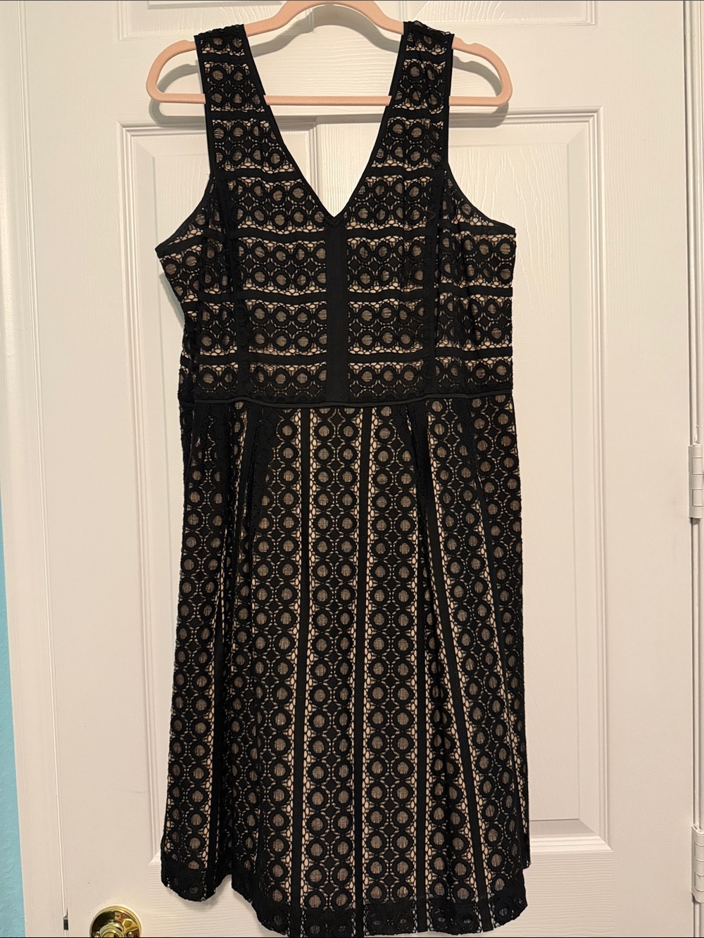 LOFT Black Lace V-Neck Midi Dress with Nude Lining